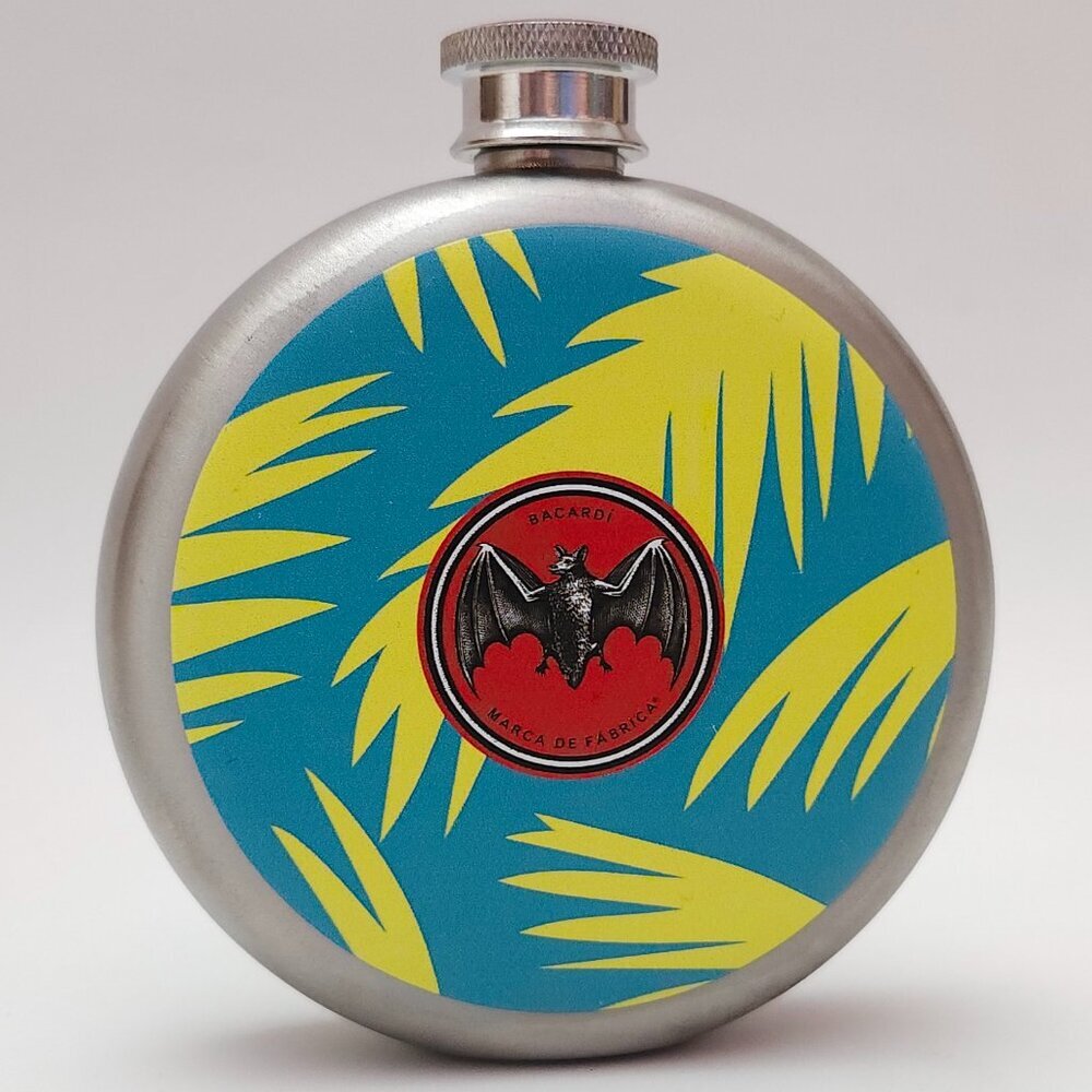 FUN Bacardi Flask Tropical Stainless Steel Holds 5 oz. Bacardi Bat Logo Promo